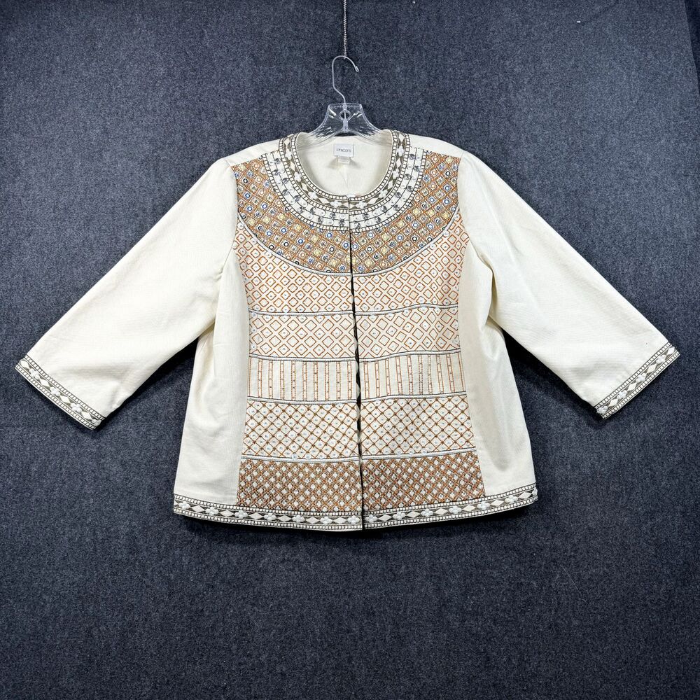 Chico's Embellished Limited Edition Jacket Women's 2 Large Ivory 3/4 Sleeve
